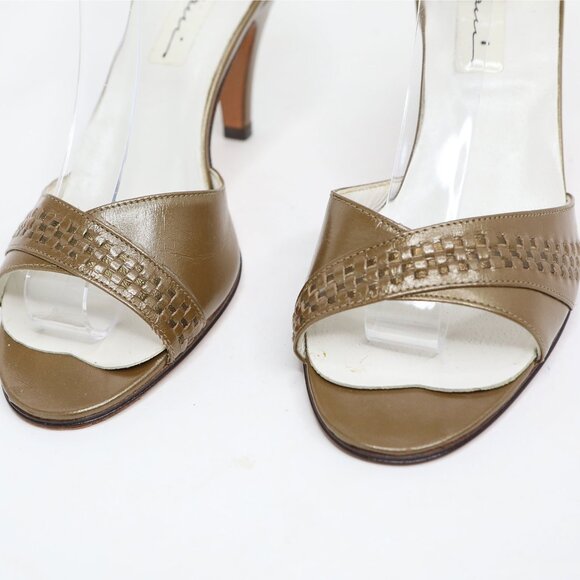 Vintage Fabiosi Olive Green Brown Leather Ankle Strap Peep Toe Pumps Skinny Heel - Picture 10 of 10